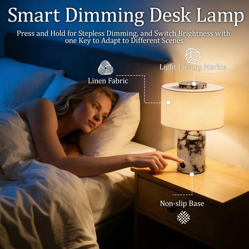 Marble Table Lamp with USB Charging Touch Dimmable Night Light