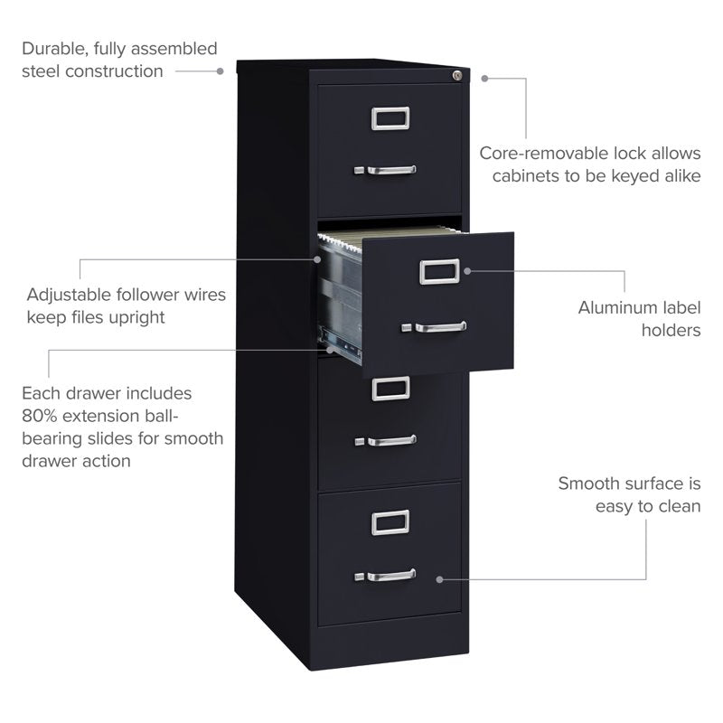 25-Inch Deep Metal Vertical File Cabinet with 4 Drawers Black - Commercial Grade Office Storage