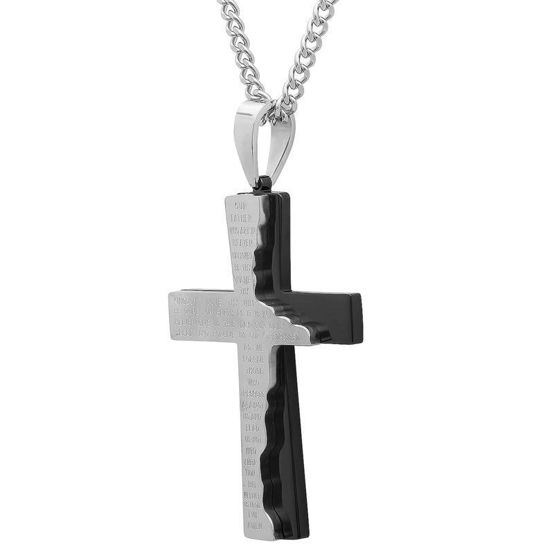 Men's Cross Pendant Necklace with Lord's Prayer - Stainless Steel, Two-Tone