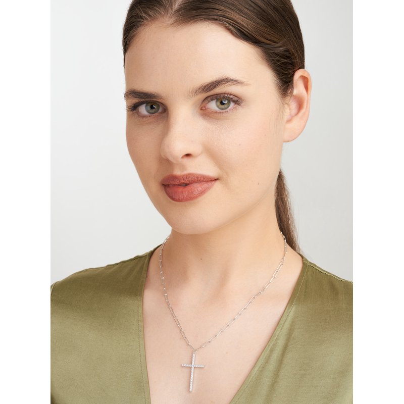 Sterling Silver Paperclip Necklace with CZ Cross, 18" + 2" Extender