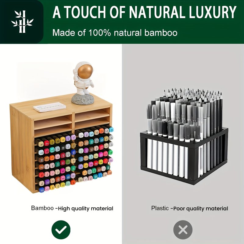 Bamboo Marker Pen Storage Rack with 18 Compartments for Art Supplies