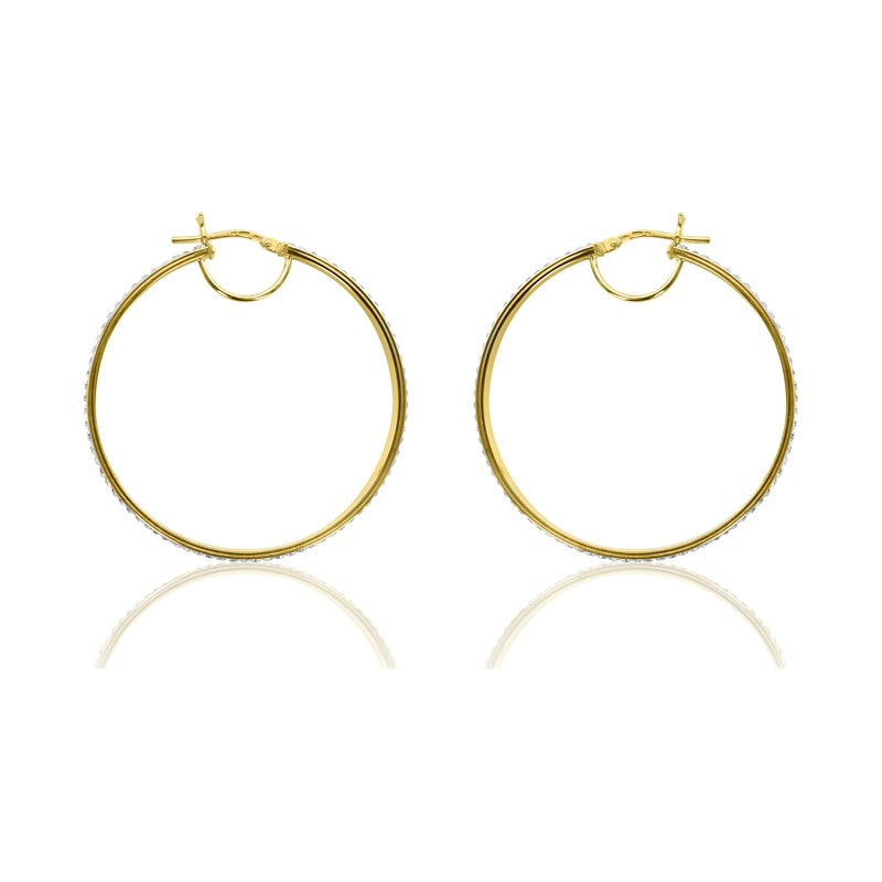 14K Gold Plated Sterling Silver Hoop Earrings with Crystals - Large Classic Round Design for Adults
