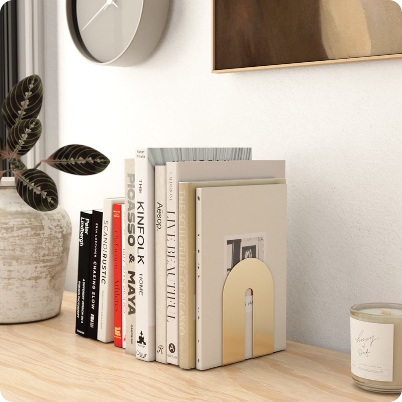 Industrial Metal Arch Bookends Set of 2 - Gold Finish, Modern Book Organizer