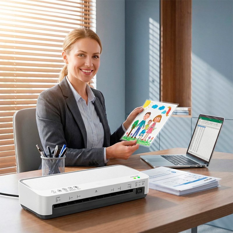 A4 Laminator Machine Hot Cold with 15 Laminating Sheets & Trimmer - Office School Home