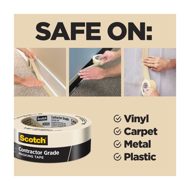 Scotch Contractor Grade Masking Tape, 1.88 in x 60.1 yd, Tan — 3 Rolls