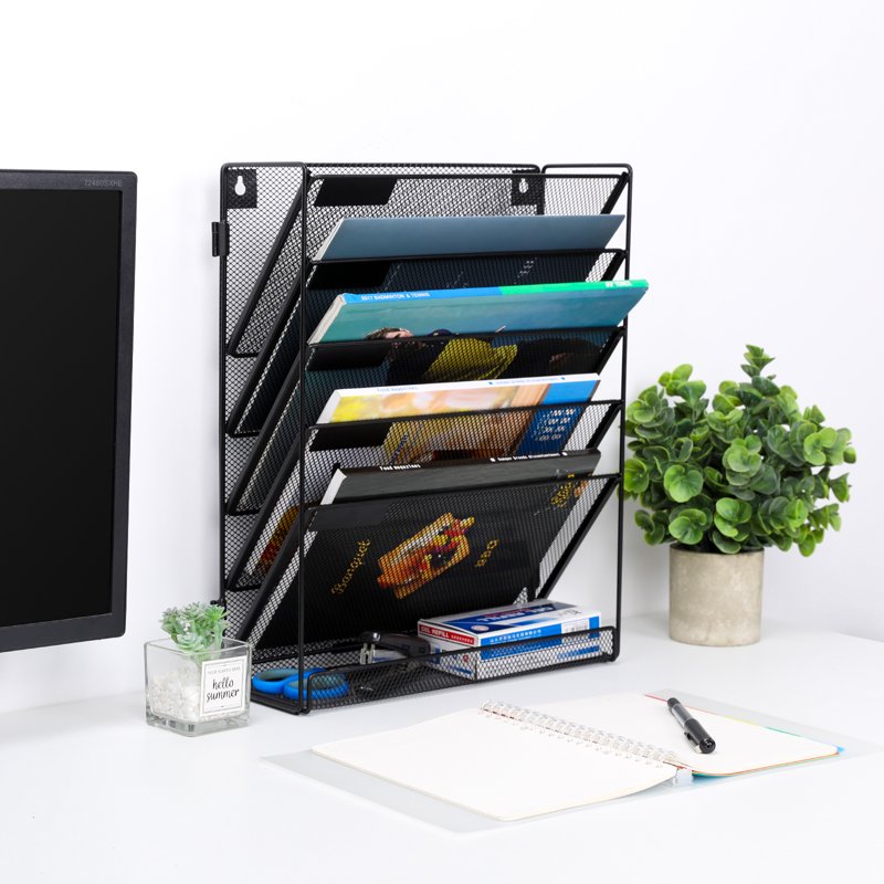 Mesh 5-Tier Wall Mount File Organizer with Bottom Tray for Office & Home