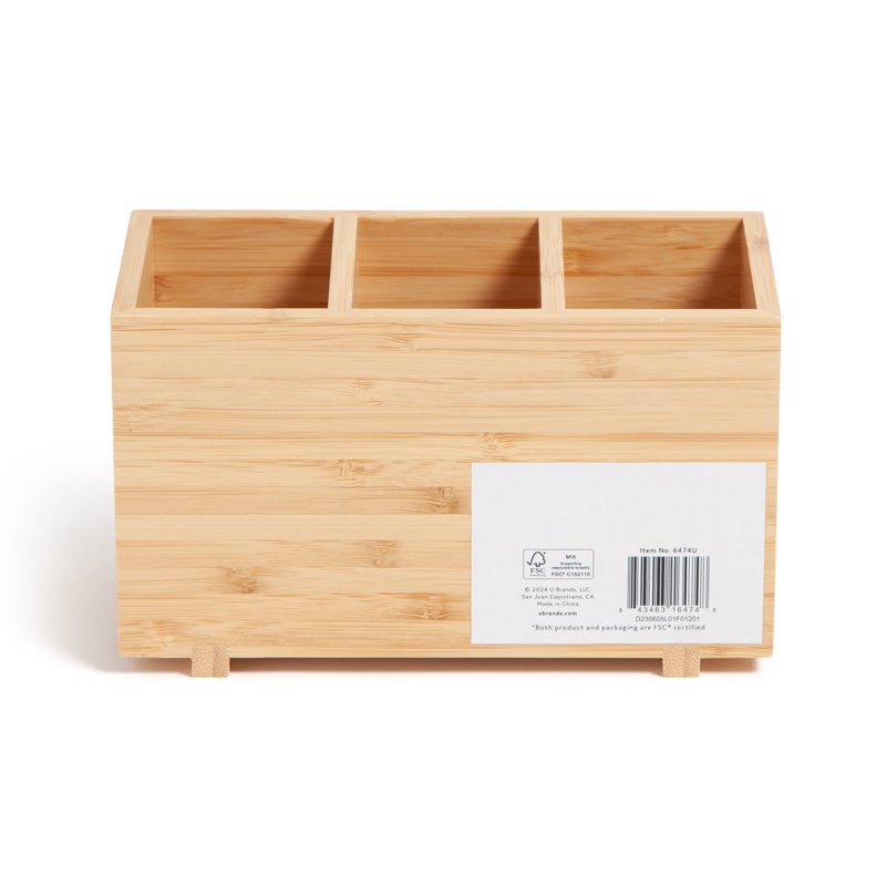 Bamboo Desktop Organizer for Office Supplies - 3 Compartments, Zen Design