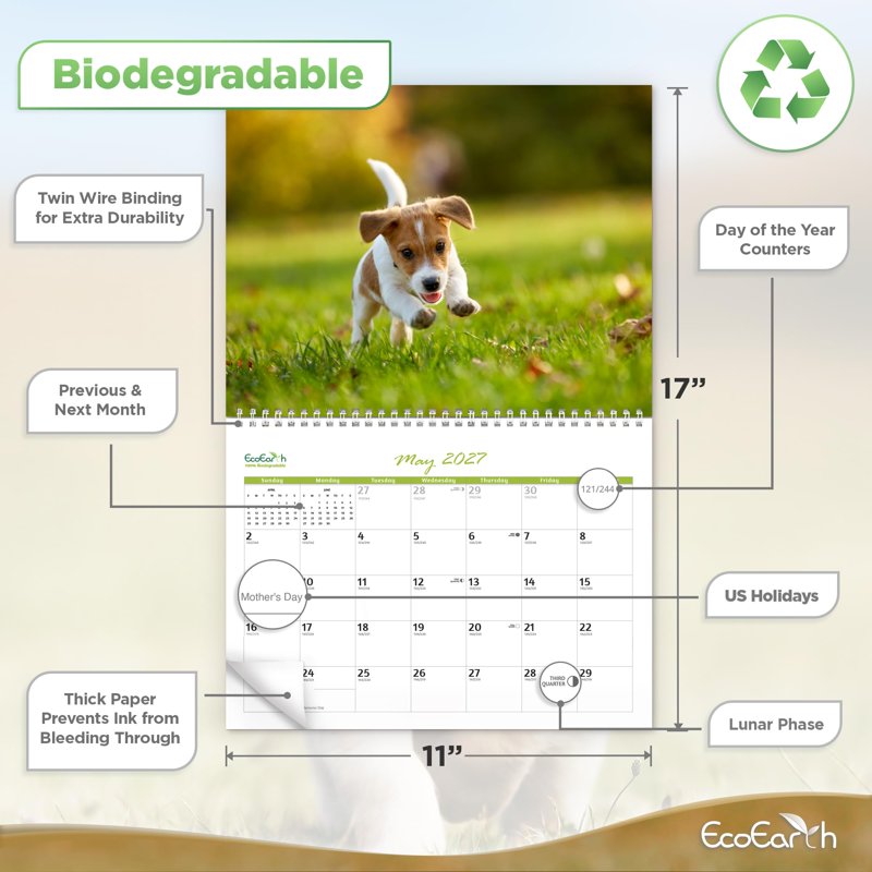 18-Month Vertical Wall Calendar with Puppies - 11x17 Open 2026-2027