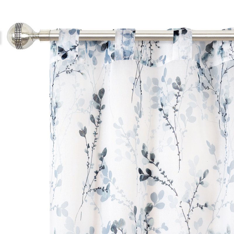 Indoor Floral Light Filtering Curtain Panel - Linen-Like Texture, Teal, 52-84 Inch Width