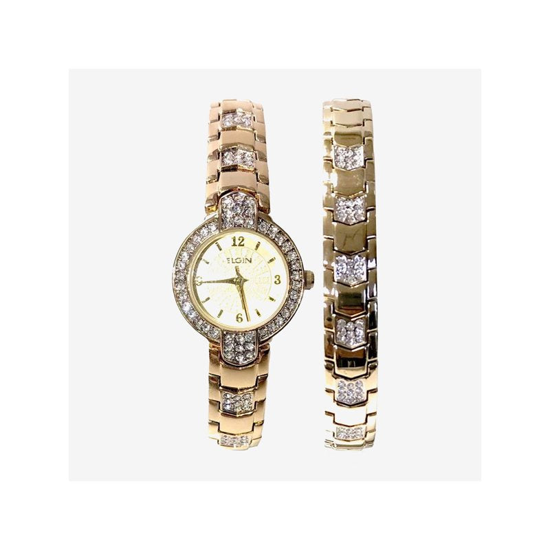 Gold Analog Watch Set for Women with Arrow Link Bracelet - Elgin EG1010ST