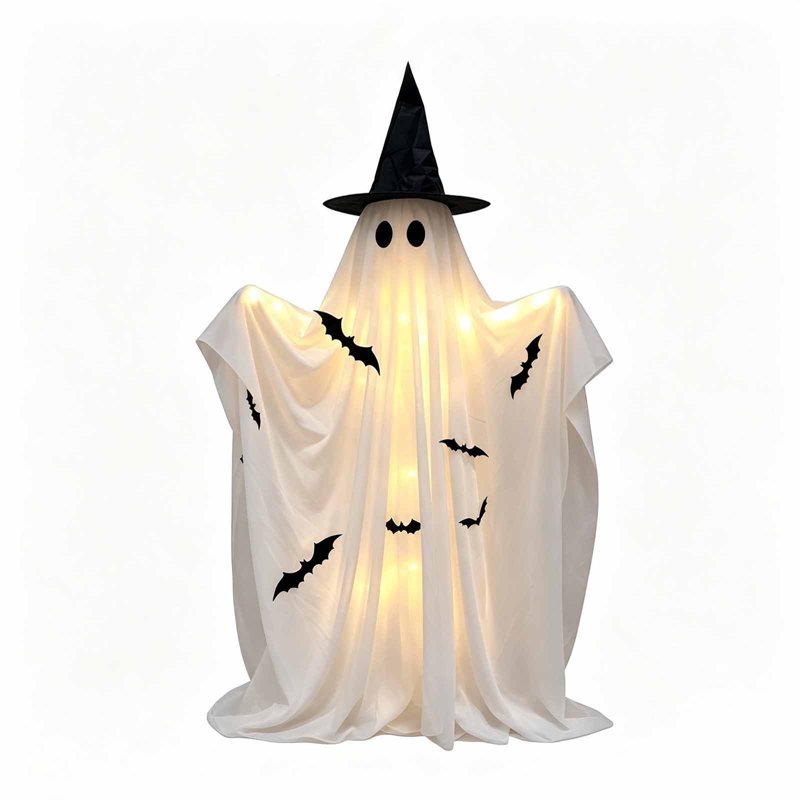 50-Inch Spooky Ghost Halloween Yard Decoration with Detachable Witch Hat, LED Lights, Remote & Easy Setup