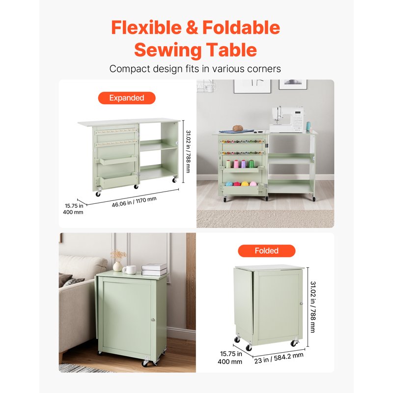 Foldable Sewing Table with Storage - Compact Craft Workstation, Green