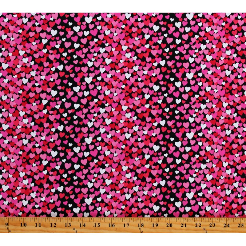 Valentine's Day Tossed Hearts Cotton Fabric by the Yard - Pink Red White on Black Love Print