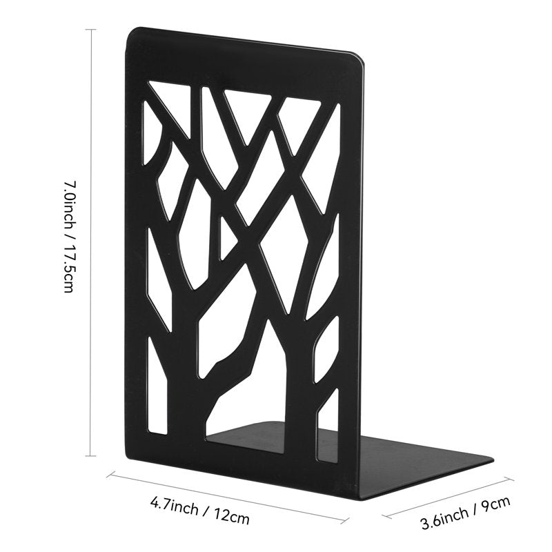 Heavy Duty Metal Book Ends - Tree Design Black Bookends for Shelves, 2 Pack