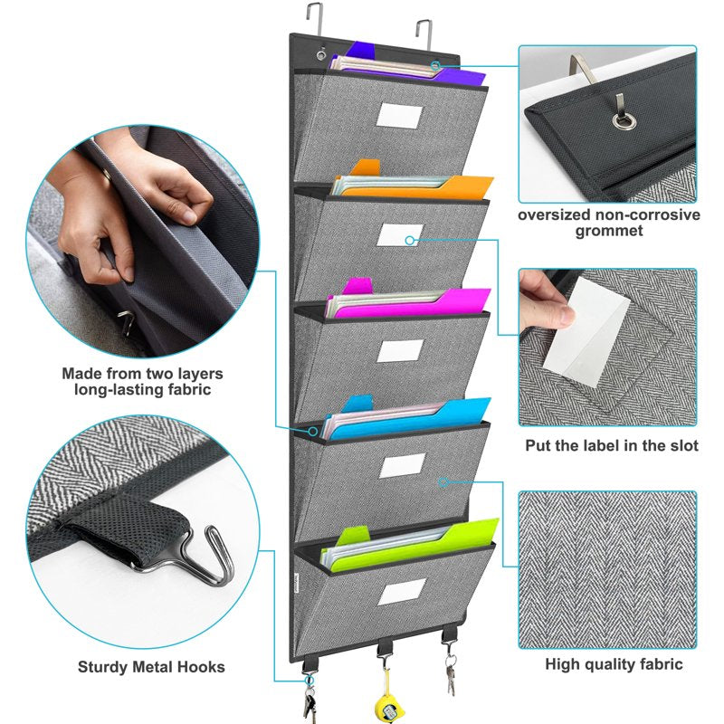 Over-the-Door File Organizer with 5 Large Pockets for Office & Classroom Storage