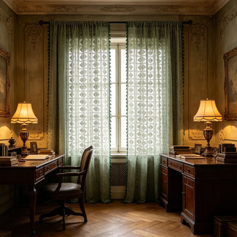 Green Free Size Sheer Embroidered Curtain Panels with Rod Pocket – Semi-Blackout Window Drapes