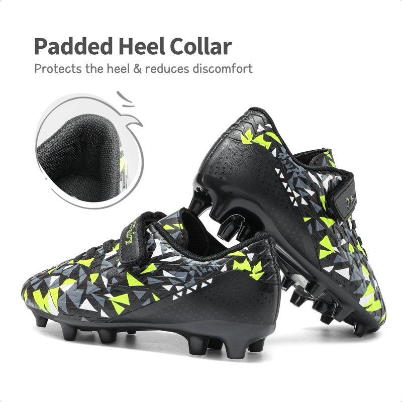 Dream Pairs Kids Soccer Cleats - Hook & Loop, Firm Ground, Black/Neon Green