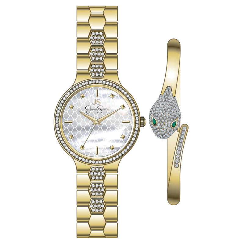 Ladies Crystal Accent Mother of Pearl Dial Bracelet Watch & Snake Bangle Set