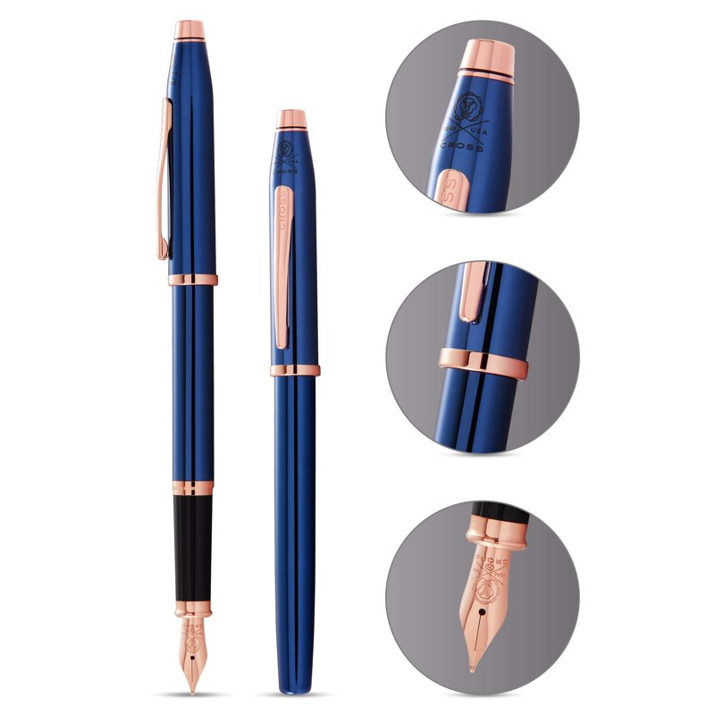 Luxury Translucent Cobalt Blue & Rose Gold Fountain Pen - Fine Nib, Gift Box