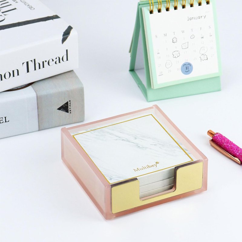 Pink & Rose Gold Sticky Note Holder Dispenser - Desk Organizer Accessory
