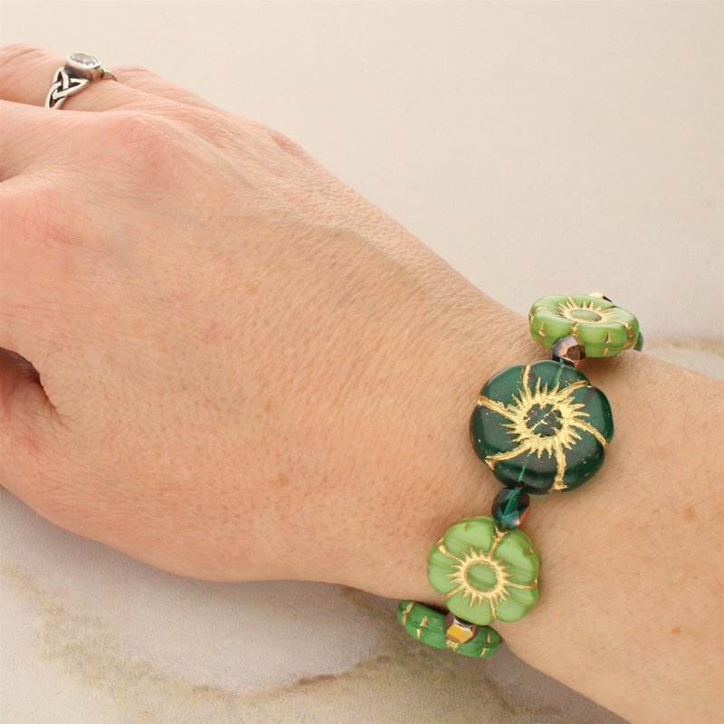 Czech Glass Bead Strands for Jewelry Making - Green Hibiscus Mix, 6x7 Inch, 15 Beads Per Strand