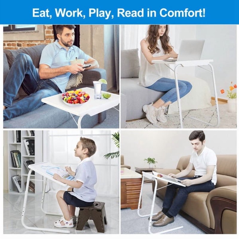 Adjustable Foldable TV Tray Table with Cup Holder & Book Stand, White