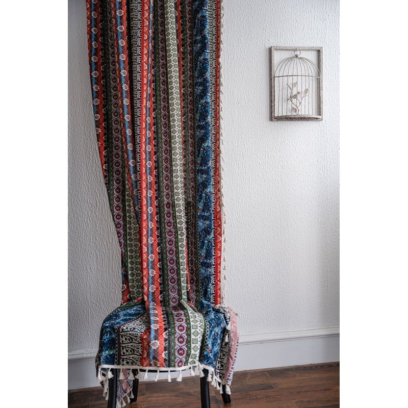 Boho Tribal Window Curtains with Tassels - Cotton Linen Panel, 59x86 Inches