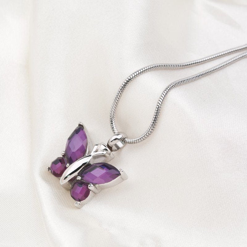 Purple Crystal Butterfly Cremation Necklace Keepsake Jewelry with Gift Box