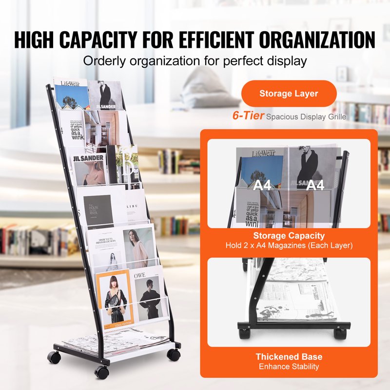 6-Tier Brochure Display Rack with Wheels - Magazine Literature Organizer