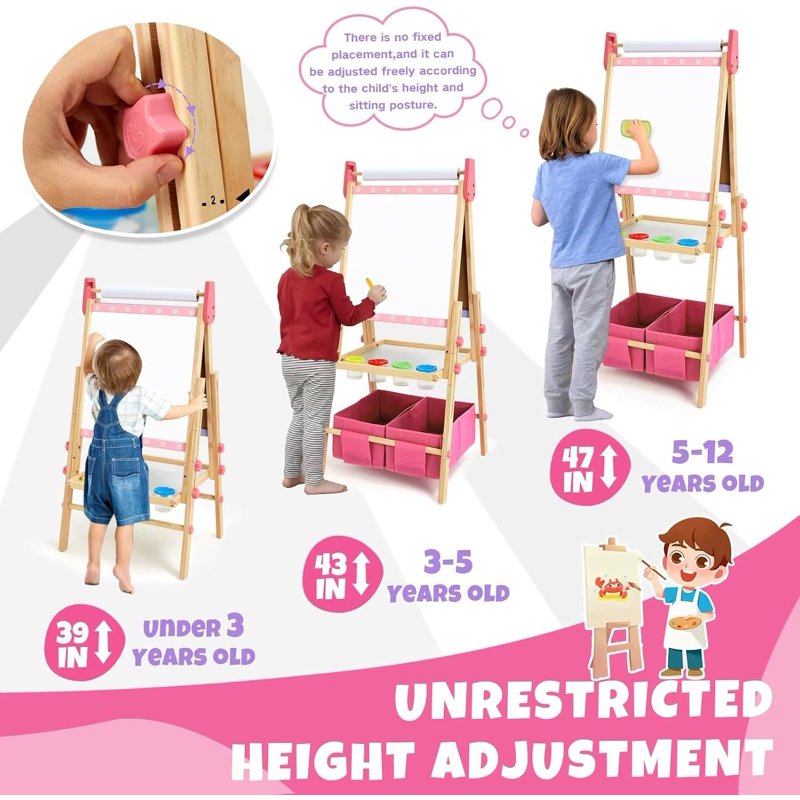 Kids Art Easel with Whiteboard & Chalkboard, Adjustable Wooden Dual-Sided Craft Station