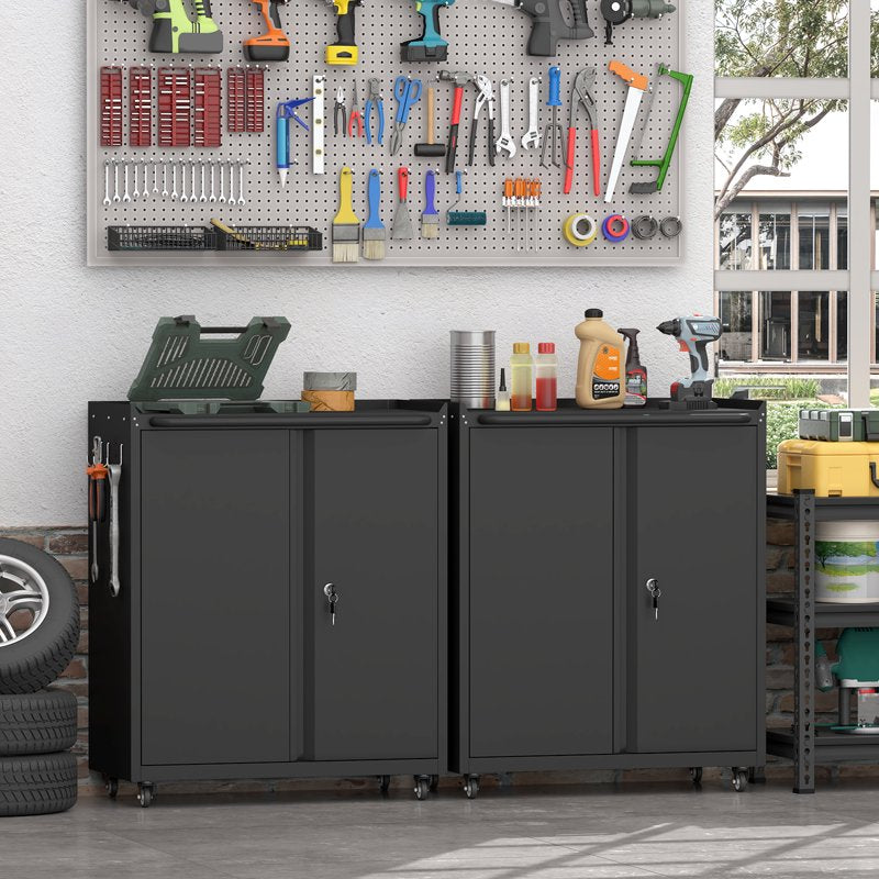 Metal Lockable Storage Cabinet on Wheels - Garage, Office, Home Organizer with Adjustable Shelf