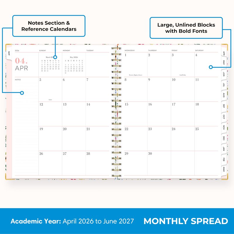 Academic Planner Calendar 15 Months, Dated Weekly & Monthly Organizer, April 2026 - June 2027, 8.5x11 Inches, Storage Pocket, Ruler, Sticky Notes & Stickers