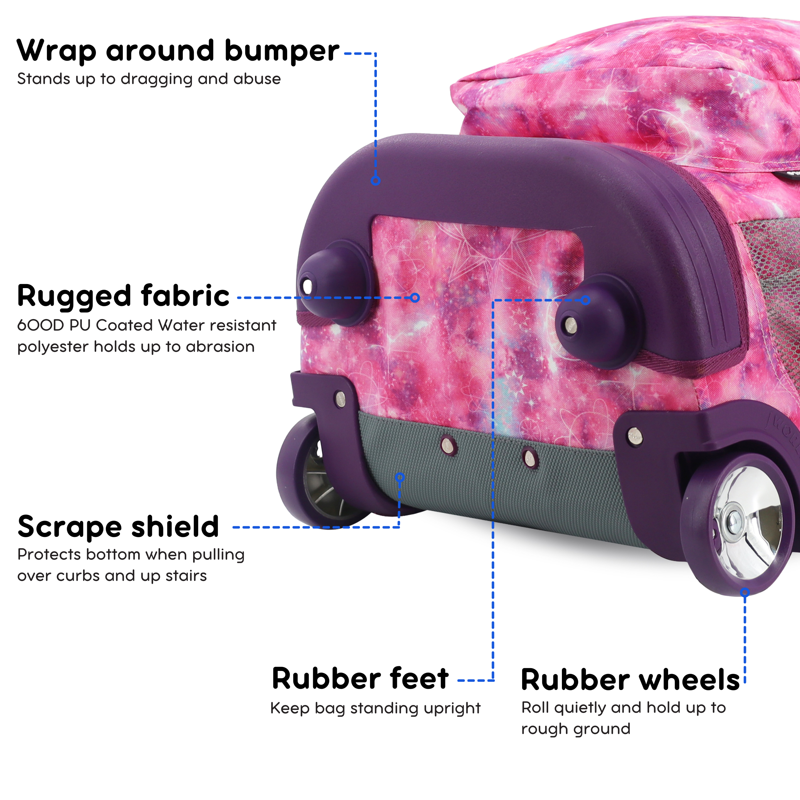Unisex 18-Inch Rolling Backpack for School and Travel - Purple Galaxy