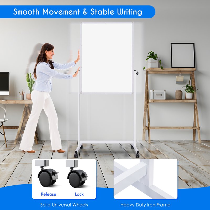 Adjustable Magnetic Whiteboard on Wheels - 48 x 24 Double-Sided Mobile Easel for Office & Classroom