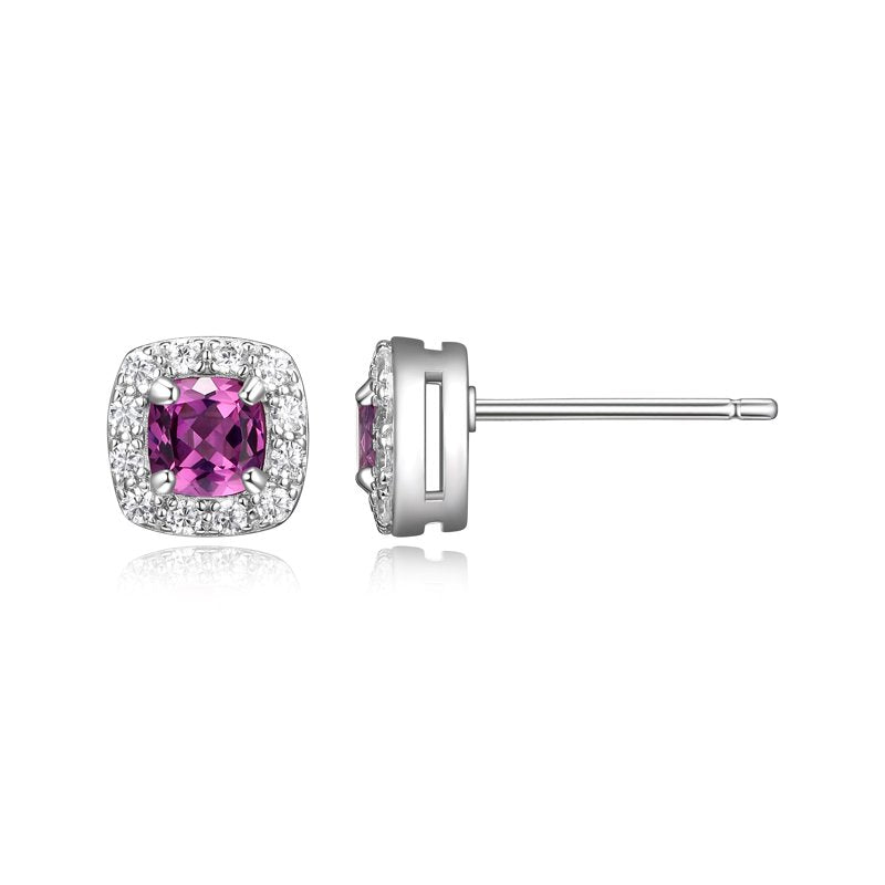 Women's Platinum Over Sterling Silver Created Pink Sapphire and CZ Stud Earrings