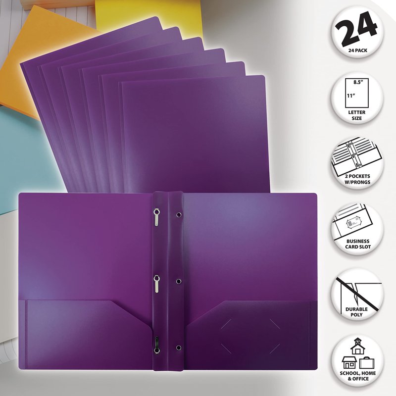 Purple 2-Pocket Plastic Folder with Prongs, Heavyweight 24 Pack - Office Filing Supplies