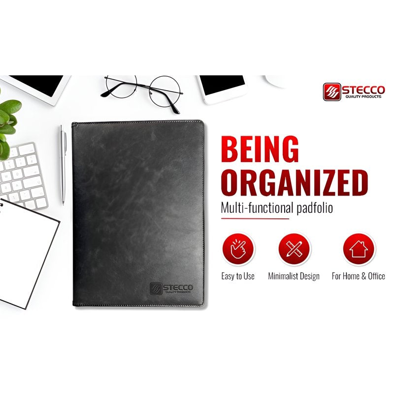 Leather Portfolio with Notepad and Card Slots - Black Professional Padfolio