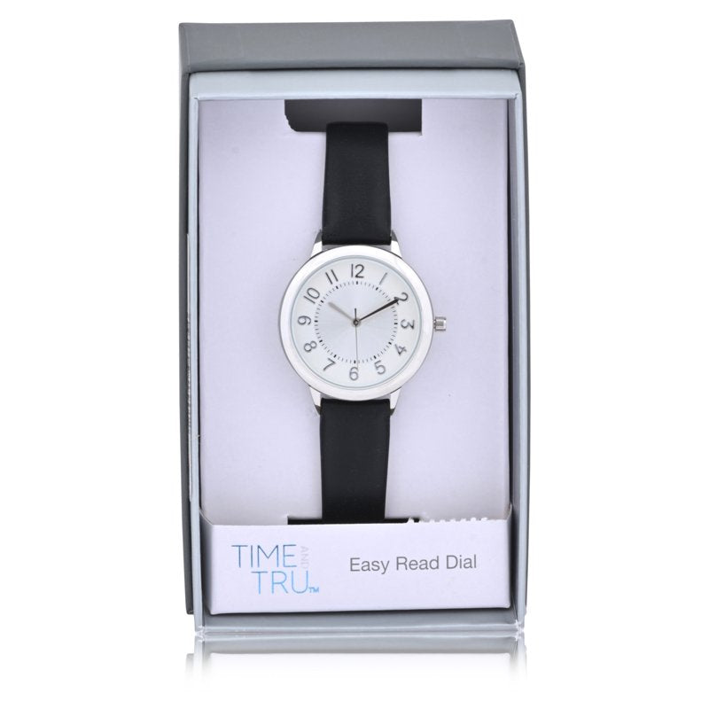 Women's Analog Quartz Wristwatch with Silver Case and Black Leather Strap