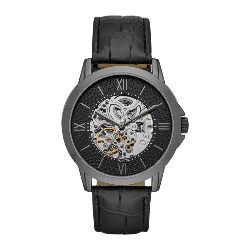 Men's 44mm Roman Skeleton Automatic Watch Black Gunmetal
