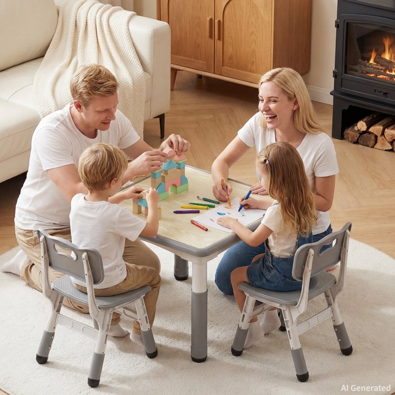 Kids Art Table and 2 Chair Set with Adjustable Heights - Toddler Play Desk, Grey