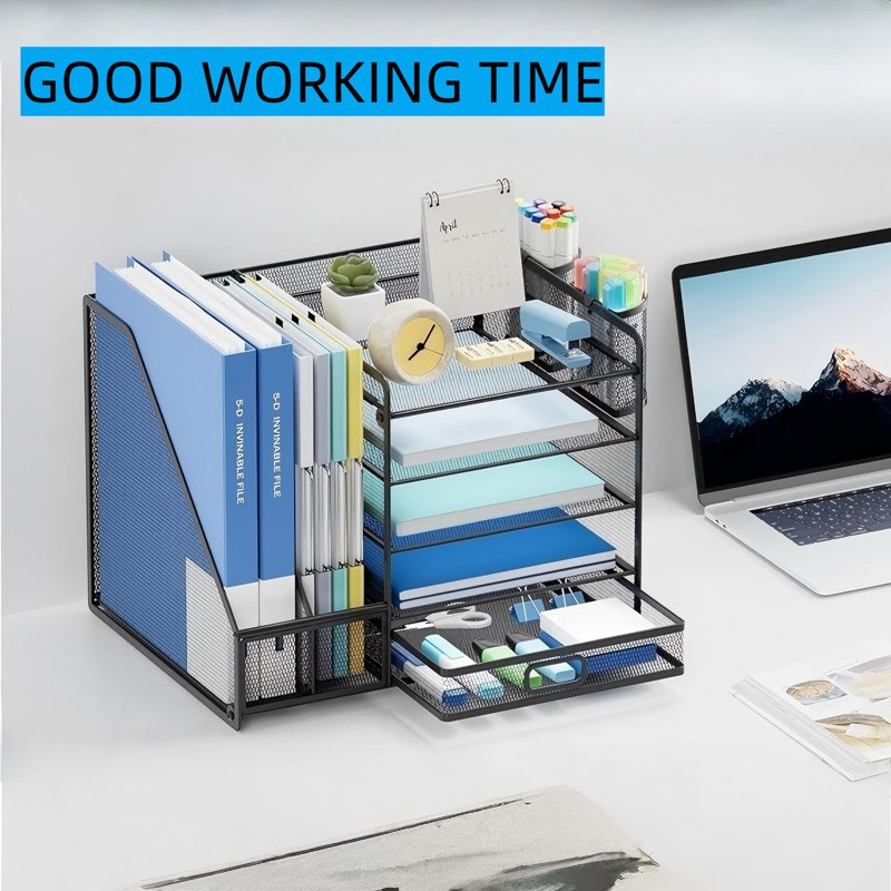 5-Tier Desktop File Organizer with Drawer and Pen Holders - Office & Home Storage