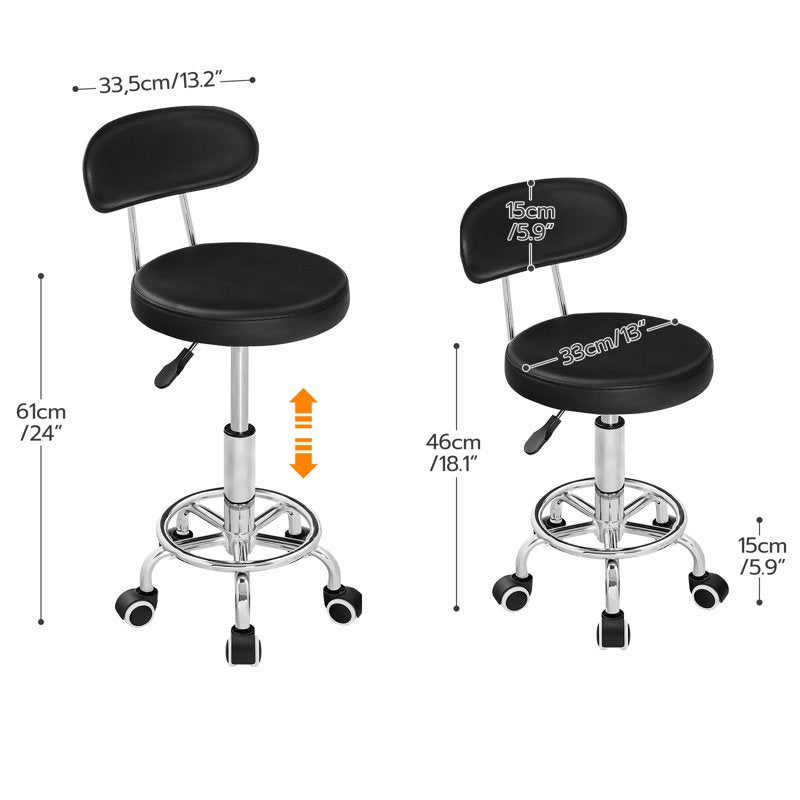 Height Adjustable Rolling Stool with Low Back and 360° Rotation - Black