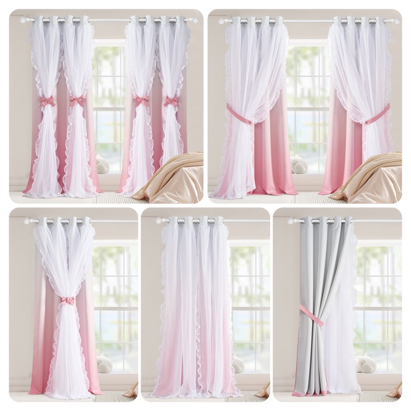 Double Layer Kids Room Blackout Curtains with Ruffle & Ombre Pattern - 2 Panels