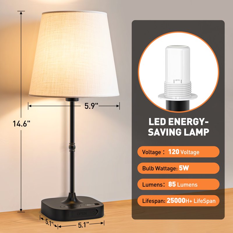 Cordless Dimmable Bedside Table Lamp with USB Port & Fabric Shade
