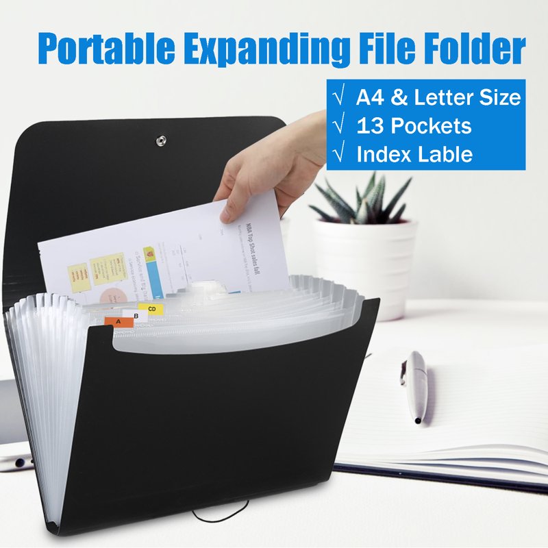 13-Pocket Expanding File Folder - A4 Letter Size Document Organizer with Index Labels, Black Plastic