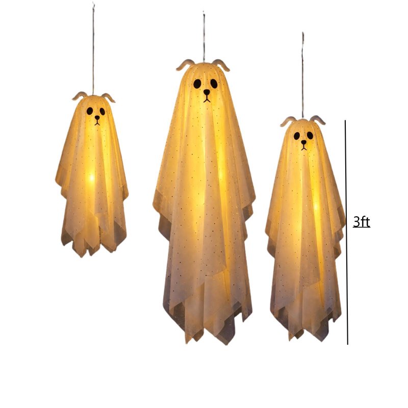 Halloween Outdoor Ghost Decorations Set with LED Lights - 3 Pack Hanging Spooky Ornaments