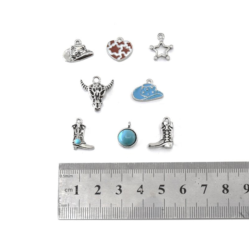 Western Charm Beads Set - Silver Turquoise Jewelry Making 8 Pcs