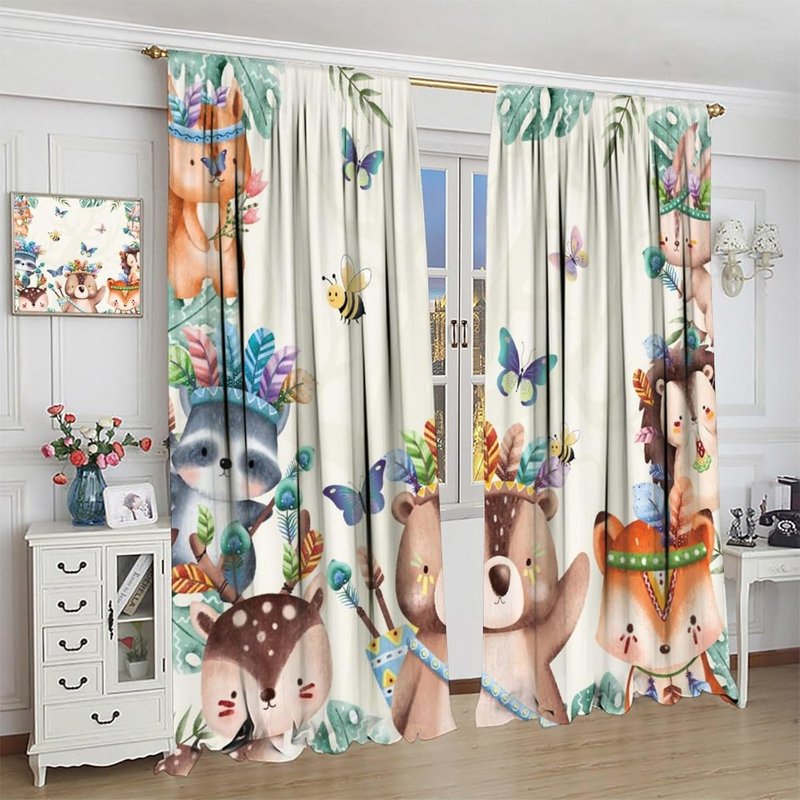 Kids Jungle Safari Curtain Set with Cartoon Forest Animals - Thermal Insulated Window Drapes for Children’s Bedroom and Nursery