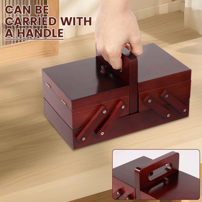 Expandable Wooden Sewing Basket with Handle - Craft Organizer for Travel & Home