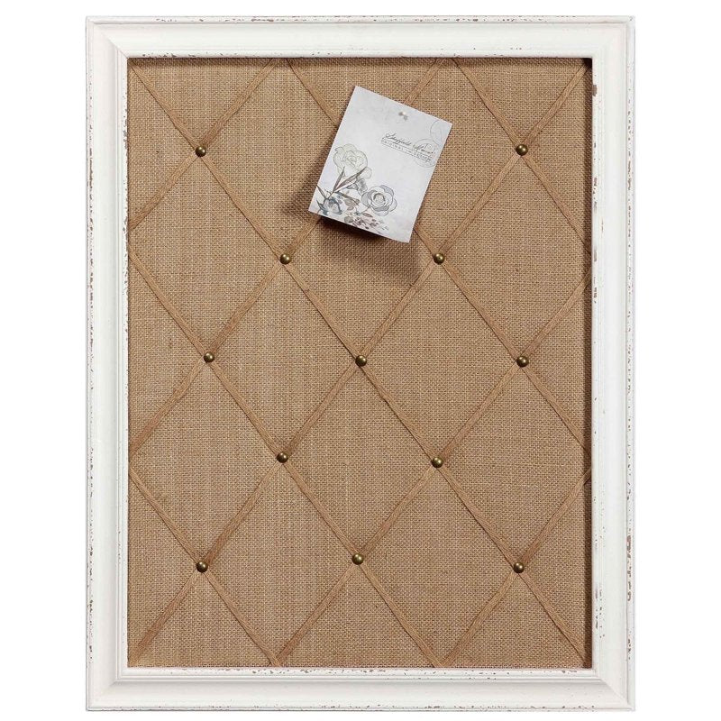 Antique White Linen Fabric Bulletin Board with Wooden Frame - Large Wall Memo & Message Board